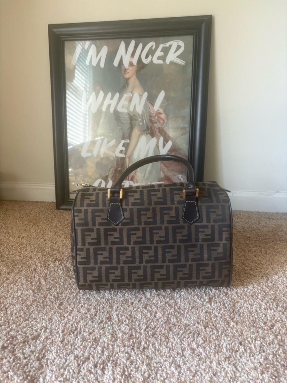Designer-Style Logo Print Satchel in Brown